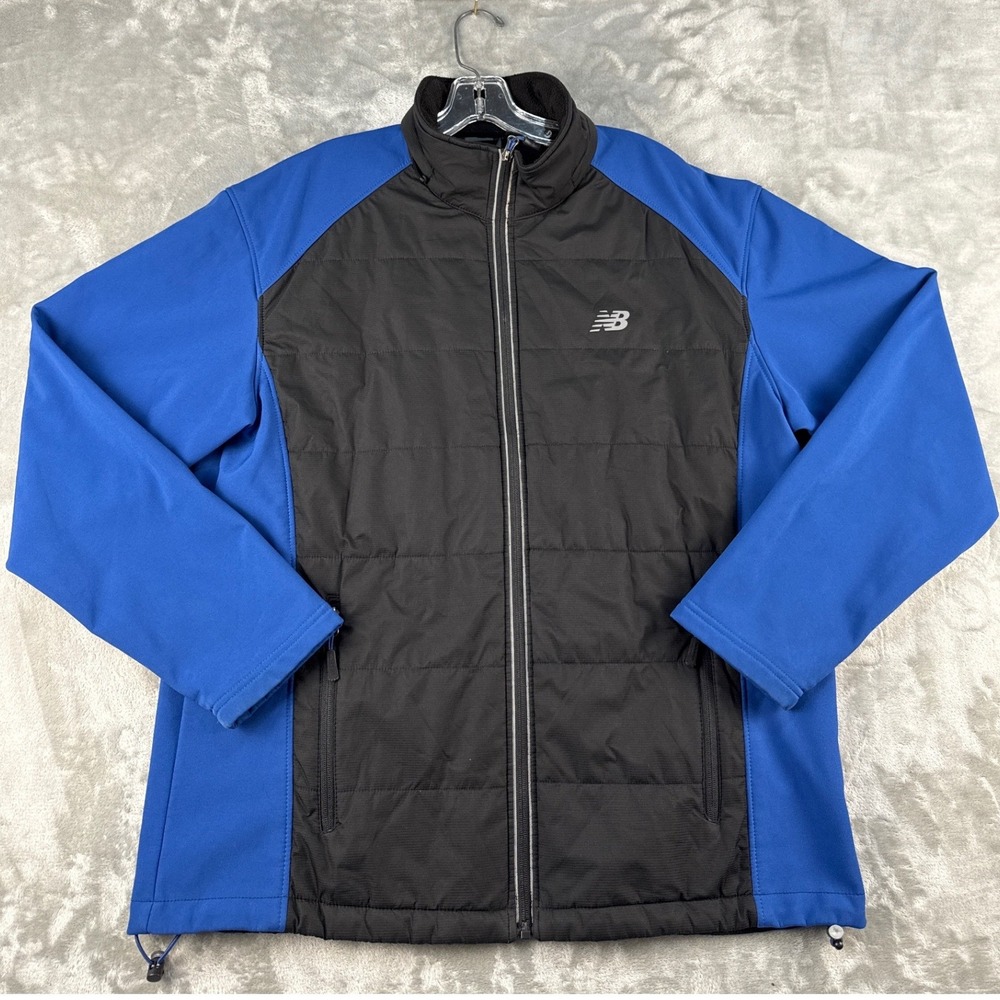 New Balance Jacket Mens L RN130893 Black Blue Insulated Hybrid Softshell EUC